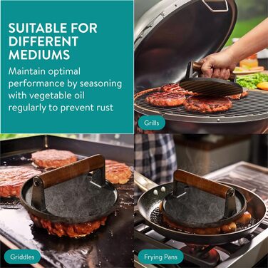 Navaris Smashed Burger Press - Cast Iron Burger Press - Prepare Burgers Healthy and Delicious - Grill Press - Meat Press - 17.5 x 17.5 cm - Round Cast Iron