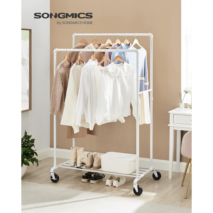 SONGMICS Clothes Rack, Clothes Rod, Coat Rack with 2 Clothes Rods and Shelf, Wheels, Load Capacity up to 110 kg, Industrial Design, for Bedroom, Dressing Room, White HSR060W01
