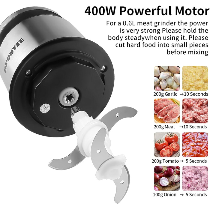 Електричний подрібнювач 600W з чашею з нержавіючої сталі, 2L, 2 швидкості, 4 леза для овочів та часнику