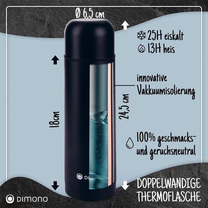 Термос із нержавіючої сталі з чашкою та щіткою; термос-термокана з подвійними стінками, ізольований, не протікає, придатний для миття в посудомийній машині, BPA-free + щітка для чищення; зберігає напої гарячими та холодними (Чорний - 500 мл)