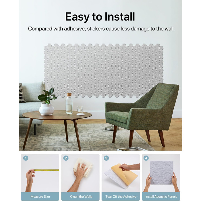 Самоклеючі звукопоглинаючі панелі для стін Akustikplatten, шумоізоляційні плити високої щільності для студії, дому та офісу, 30x30x0.9 см, 18 шт, сірі