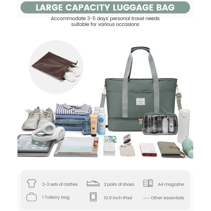 Сумка-трансформер LOVEVOOK для жінок: водонепроникна дорожня сумка, містка для подорожей, з відділенням для взуття, ідеальна для пологового будинку, ручної поклажі, сауни, спортзалу, 52L, сіра