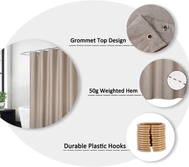 Штора для душу LinTimes з льону, 180x200 см, бежева (Taupe), важкий 240 GSM, з гачками, готельний люкс, машинне прання