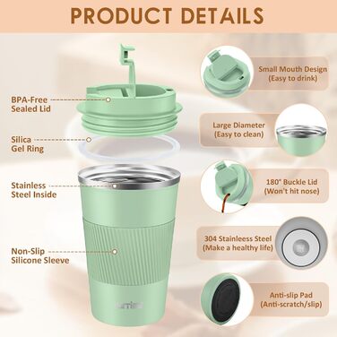 Термокружка для кави та чаю Ketiee 510 мл, подвійні стінки, з кришкою, оливковий зелений