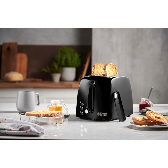 Тостер Russell Hobbs Textures+ з 2-ма тостами, чорний (850W, 6 рівнів підсмажування, підставка для бургерів, щипці)