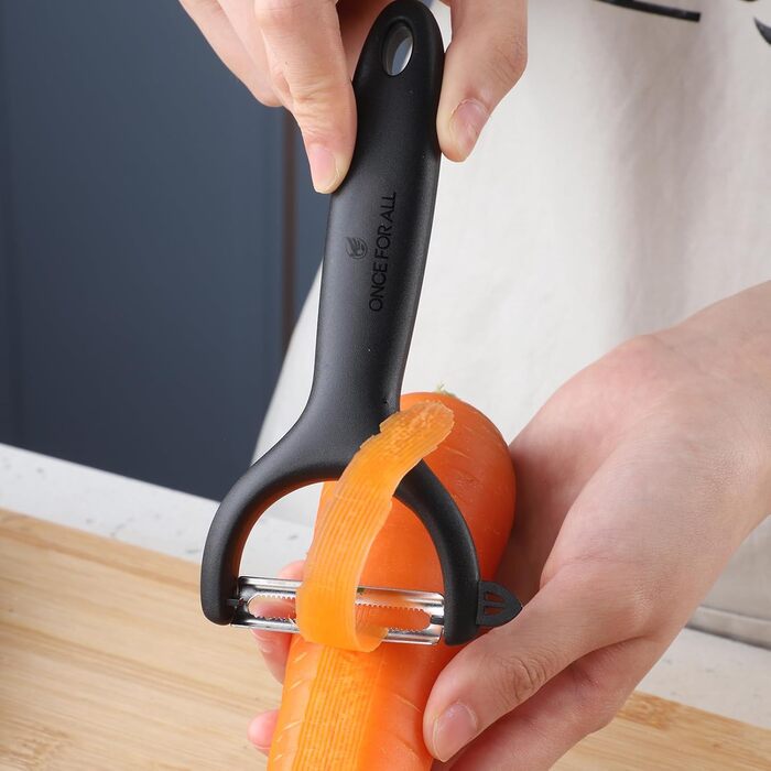 Мандоліна слайсер ONCE FOR ALL Upgrade: великий, регульований, для овочів та фруктів, знімач картоплі фрі, знімні леза (чорно-білий + ніж для очищення)