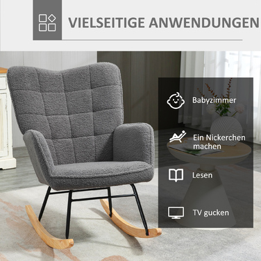 HOMCOM Rocking Chair, Rocking Armchair with Berber Fleece Look, Armrests, Padded Chair with Wooden Runners, Reclining Chair for Living Room, Bedroom, Holds up to 120kg, Dark Grey | Aosom