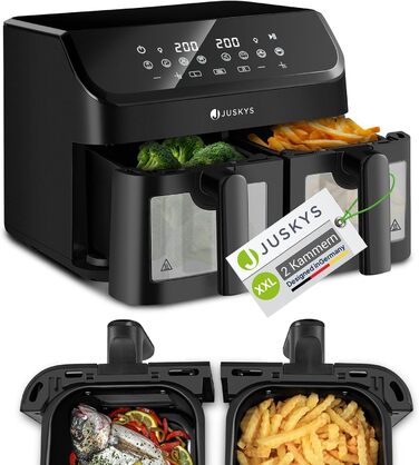 Juskys Air Fryer 9 L Double Chamber - XXL Fryer with 2 Baskets, 9 Programs, Smart Finish, Teflon-Coated