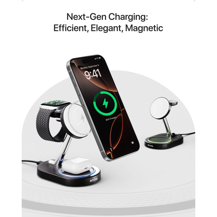 Intoval 3-в-1 Магнітний зарядний пристрій для iPhone 17/16/15/14/13/12, Apple Watch та AirPods. Бездротова зарядка з мережею (Чорний)