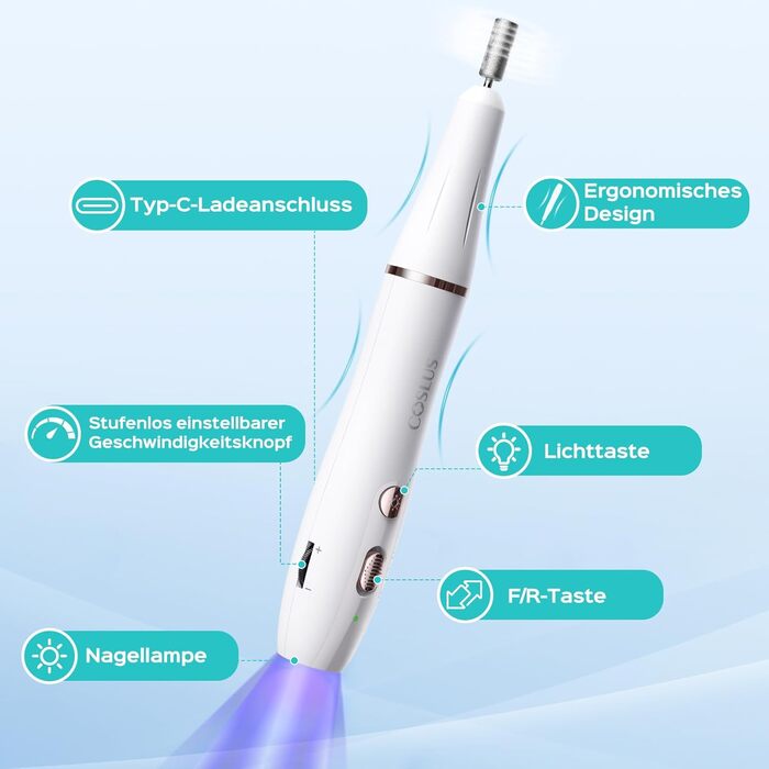 Професійний набір для манікюру та педикюру Coslus: електрична фрезер з регулюванням швидкості, світлом, металевими насадками та USB-C зарядкою
