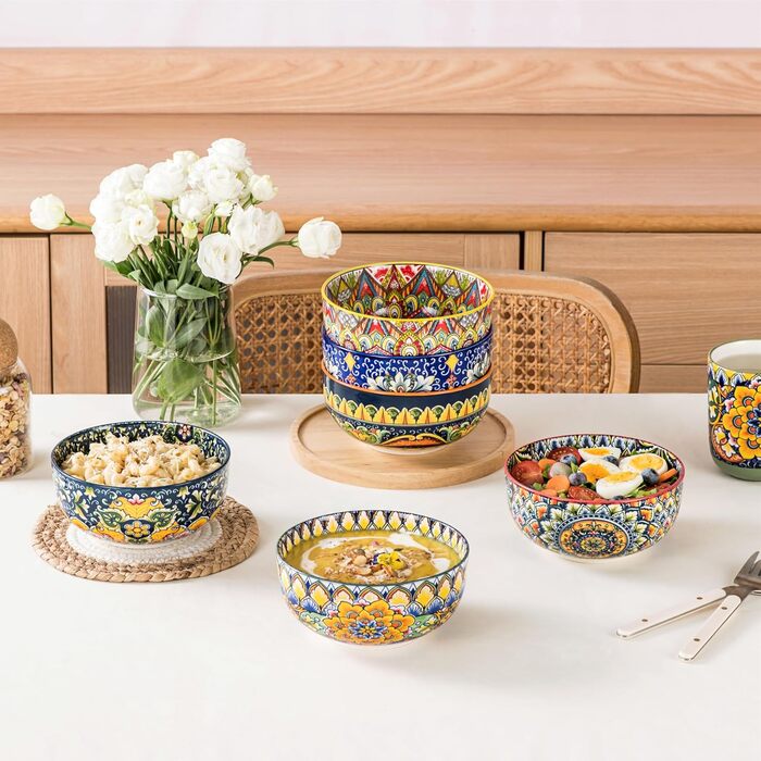 Набір супових тарілок Henten Home, 4 шт. - порцелянові десертні/сніданочні тарілки, 300 мл, для морозива/рису/десерту, кольорові сервіровочні миски, 4 шт. - Богемний стиль