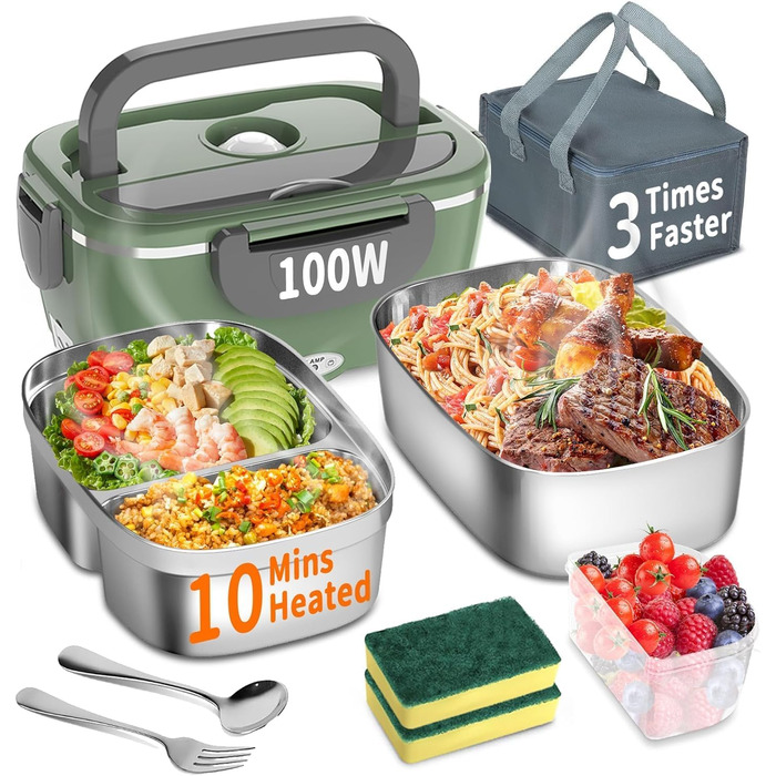 Electric Lunch Box 100W, 3-in-1 Portable Heated Lunch Box, Removable Stainless Steel Lunch Container, 12V/24V/220V Insulated Food Warmer for Car/Truck/Office, With Insulated Bag and Sponge (Green, 1.5 L)
