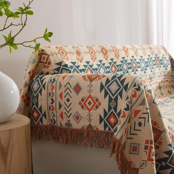 Плед Boho Softexly з 100% бавовни – двостороння муслінова ковдра 150x200 см, м'який плед на диван та покривало на ліжко, естетичний дизайн, ідеально для вітальні та спальні, помаранчево/блакитний (150 x 200 см, стиль модерн)