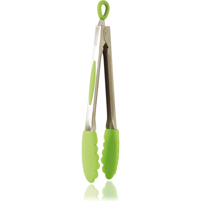 Mastrad F16800 Kitchen Tongs with Stainless Steel Handle – Non-stick and Heat-Resistant Handle, Grilling Tongs for Cooking, Serving, and Grilling for Buffets, Salads, Ice, and Oven (26cm, Green)