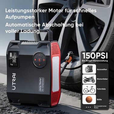 UTRAI 7000A Powerbank для запуску авто: 27000mAh, компресор, LED ліхтарик 1600 лм, QC3.0, 160W DC, для бензинових та дизельних двигунів (12L)