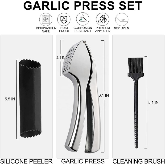 Пресс для часнику з нержавіючої сталі, 15,5 x 2,5 см, кут відкривання 160°, придатний для миття в посудомийній машині, чорно-срібний