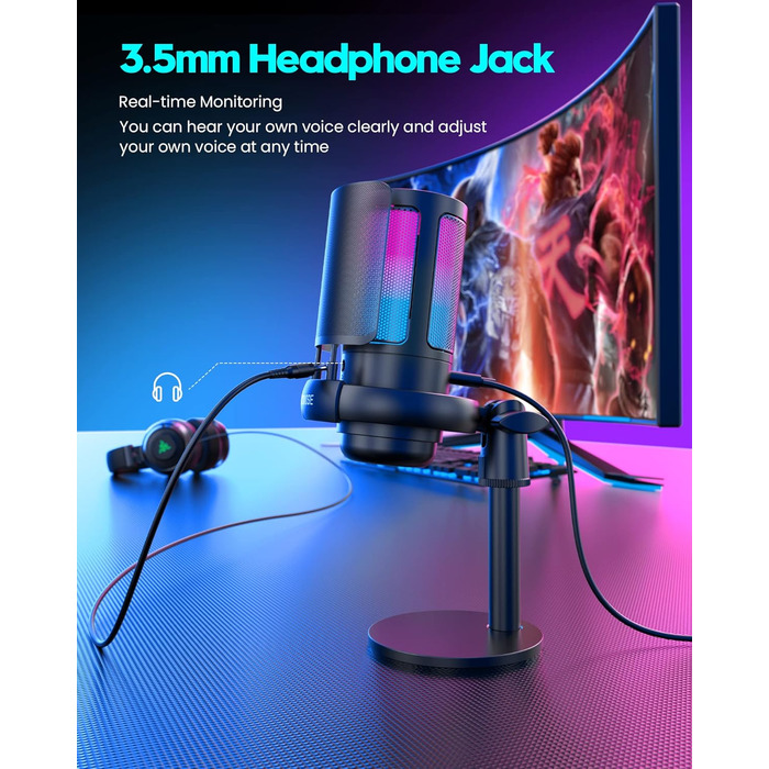 Ігровий мікрофон COCONISE RGB для ПК, стримінгу, подкастів, PS4/PS5, Mac. USB мікрофон з регулюванням гучності та навушником 3.5 мм, з підставкою