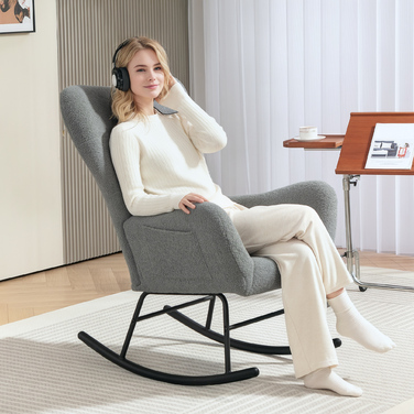 HOMCOM Rocking Chair, Rocking Armchair with Teddy Fabric Look, Armrests, Still Chair with Wooden Skids, Lumbar Pillow, Relax Chair with Side Pocket for Living Room, Bedroom, Grey | Aosom