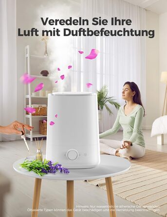Зволожувач повітря AROEVE 5L з верхнім заповненням, ультразвуковий, холодний туман, для спальні з дифузором ефірних олій, 360° поворотний носик, 28dB нічне підсвічування, 50 годин роботи, для дитячої кімнати, рослин