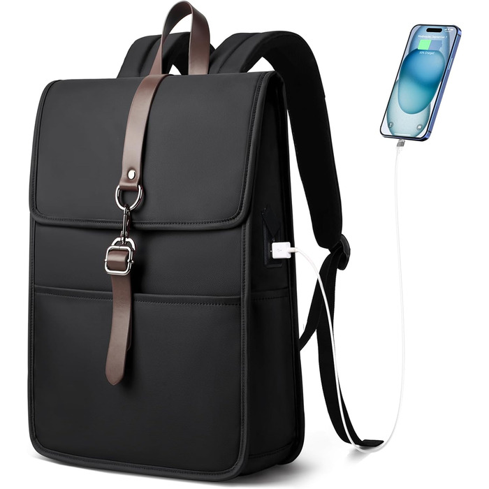 Рюкзак для ноутбука чоловічий/жіночий, 15.6 дюймів, з USB-портом, для подорожей, навчання, велосипеда (Чорний)