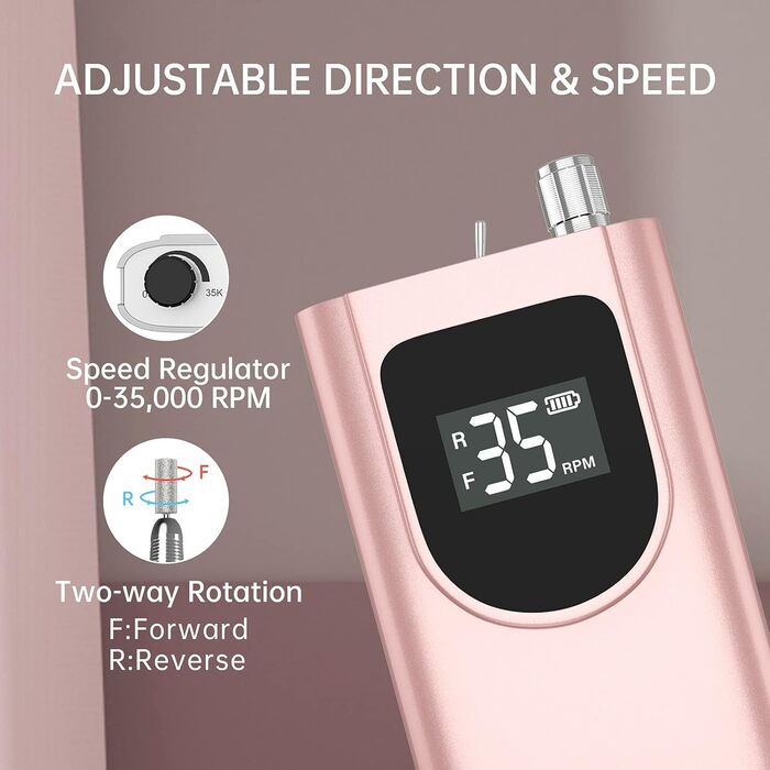 Електрична шліфувальна машинка для нігтів Kredioo з LED-дисплеєм, 35000 об/хв, для гелю та акрилу, 6 насадок, для професійного та домашнього використання, Champagner Gold