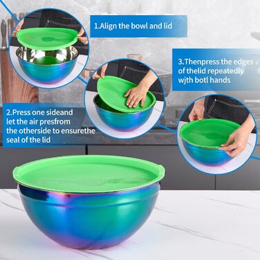 Набір змішувальних мисок Onlycooker Rainbow з кришкою, 18/10 нержавіюча сталь, 4 шт., 1.5, 2.1, 3.6, 5.5 л, для салатів та приготування їжі