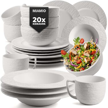 MIAMIO Набір посуду 16 предметів/Сучасний керамічний посуд/Набір посуду на 4 персони - Колекція Oasis (16 шт) (Білий, Набір посуду (20 шт))