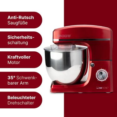 Планетарний міксер Clatronic KM 3765 XXL для випікання, чаша 10л, 1500 Вт, червоний