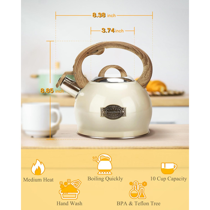 Чайник Teekessel 2.1 л з плитою, чайник з нержавіючої сталі з дерев'ястим декором, складаний ручка, для всіх типів плит (білий)