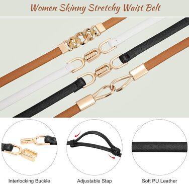 Жіночий тонкий шкіряний ремінь WHIPPY (2 шт.) з золотою пряжкою, 105/120 см, для талії до 95/110 см (чорний+білий)