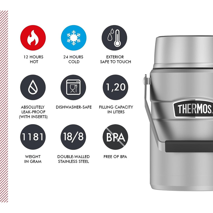 Thermos STAINLESS KING FOOD JAR 1.2l, steel. Stainless steel food container with inserts and handle, 12 hours hot / 24 hours cold, for noodles, soup, muesli. Large food container 1.2 l with handle and versatile inserts.