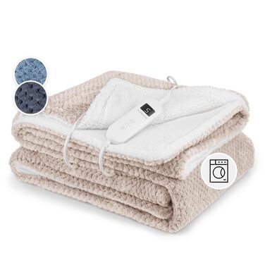 Електрична ковдра Klarstein XL з автовимкненням, 180x130 см. Тепла та комфортна ковдра для ліжка та дивана, 9 рівнів нагріву, машинне прання, двостороння, пісочний колір