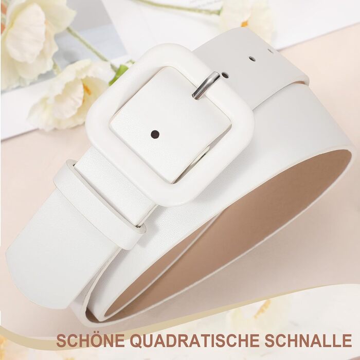 Жіночий шкіряний пояс JasGood пастельного кольору, широкий, з квадратною пряжкою для джинсів, спідниць та суконь (білий, 110 см, під талію 76-88 см)