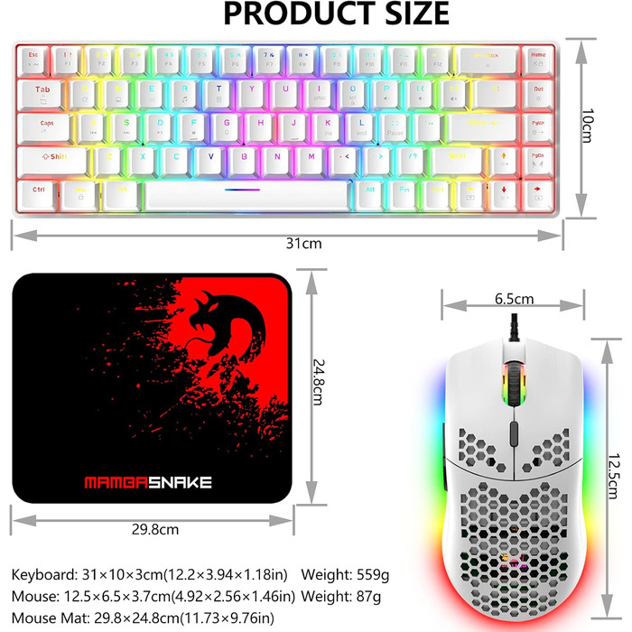Ігровий комплект клавіатури та миші RGB, 68 клавіш, Red Switch, 60% механічна клавіатура, миша 6400DPI, USB-кабель, сумісна з Windows, Mac, PS4, білий колір
