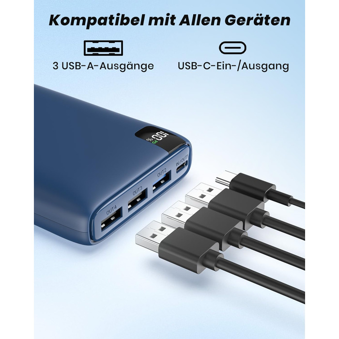 Power Bank Riapow 26800mAh з LED-дисплеєм, 4 виходи, USB-C, швидка зарядка 22.5W, блакитний