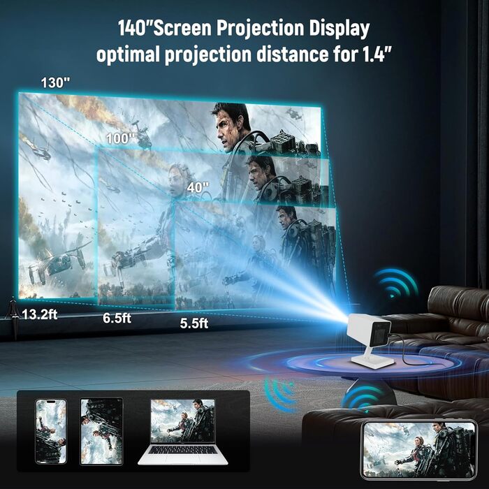Mini проєктор Beamer 4K з Wi-Fi 6 та Bluetooth 5.0, 150 ANSI Lumen, портативний, автоматичне вирівнювання, 130 дюймів, для домашнього кіно, сумісний з телефоном/ПК/HDMI/USB