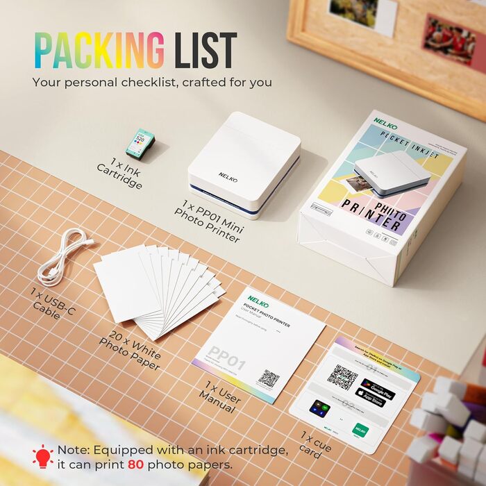 Портативний міні-принтер Nelko PP01 для фотографій з телефону (iOS & Android), 20 папірців, наклейки, білий