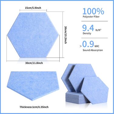 Акустичні гексагональні панелі Rdutuok для звукоізоляції, 30x26x1 см, світло-блакитні (12 шт) — шумопоглинаючі плити для студії, офісу та декору стін