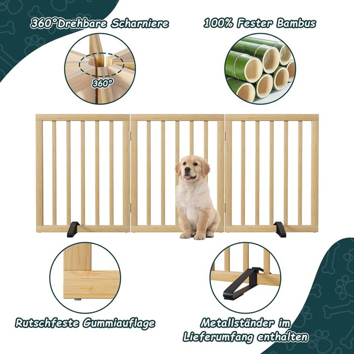 Бамбукове переносне захисне ґратка для собак Semiocthome, 3 секції, для дому, 61 см (H), розширюється до 140 см