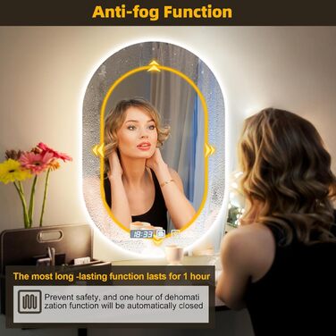 Дзеркало для ванної кімнати Viugreum з підсвічуванням 50x75 см, овальне LED дзеркало з регулюванням яскравості, 3 кольори світла, протитуманне покриття, годинник, сенсорне управління