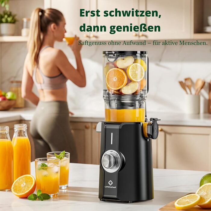 Шнекова соковижималка LINKChef Slow Juicer для овочів та фруктів, широкий завантажувальний отвір 115 мм, потужність 200 Вт, BPA-free, чорна