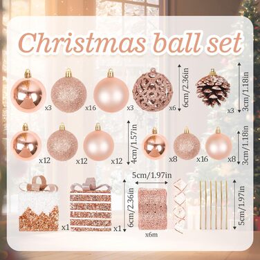 Набір прикрас на ялинку 101 шт. Пластикові кулі, рожеве золото, матові, блискучі, з шишками та стрічками для декору ялинки, святкування, дому