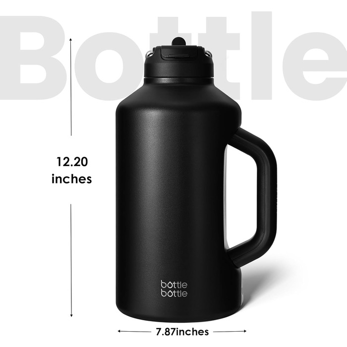 BOTTLE BOTTLE Insulated Water Bottle with Straw and Double Lid, Stainless Steel Sports Water Bottle for Men, with Handle, Vacuum Stainless Steel, for Workout and Sports, 1.8L, Black