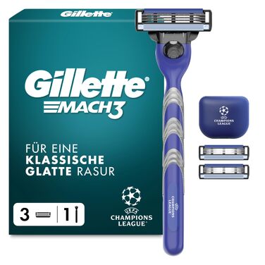 Бритва Gillette Mach 3 Standard для чоловіків, металевий корпус, синій/сірий (бритва + 3 змінні касети + захисний ковпачок)