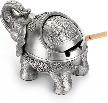 BSTKEY Vintage Ashtray with Lid – Elephant Shape, Table Ashtray, for Indoor and Outdoor Use, Retro, for Home, Office, Decoration Silver