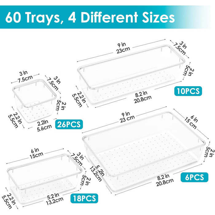 Vtopmart 60-Piece Drawer Organizers, 4 Sizes, Transparent Plastic Drawer Organizers, Containers for Bathroom and Vanity, Organization for Kitchen Utensils, Makeup