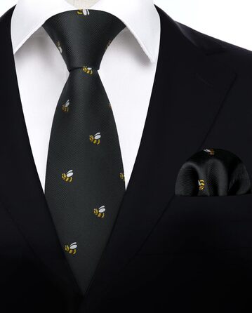HISDERN Чоловіча краватка з принтом тварин, краватка-метелик, нагрудна хустинка, набір для весілля/бізнесу, чорний/бджола, універсальний розмір
