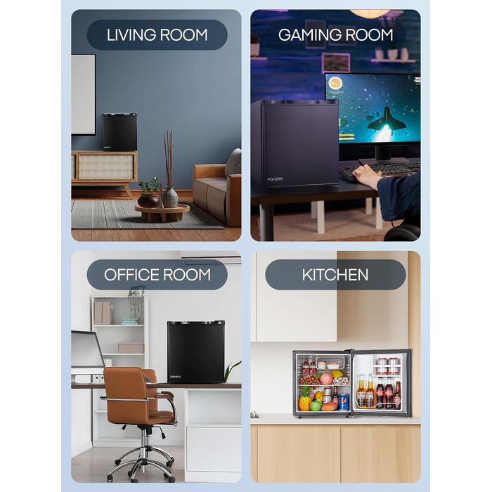 Міні-холодильник 46л з відділенням для льоду, чорного кольору. Енергоефективний, з регулюванням температури та змінним напрямком відкривання дверцят. Ідеально підходить для кухні, офісу, спальні, готелів та невеликих квартир.