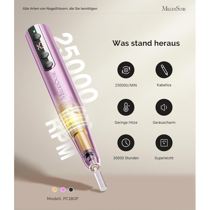 Електричний набір для манікюру MelodySusie PC180F 11 в 1: фрезер, полірування, форми для акрилу, гелю, пудри. 25000 RPM, рожевий