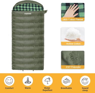 Спальний мішок Poepore Outdoor Winter для дорослих, Extra Wide, 3-4 сезони, XXL, теплий бавовняний фліс, 230*100см, 0°C